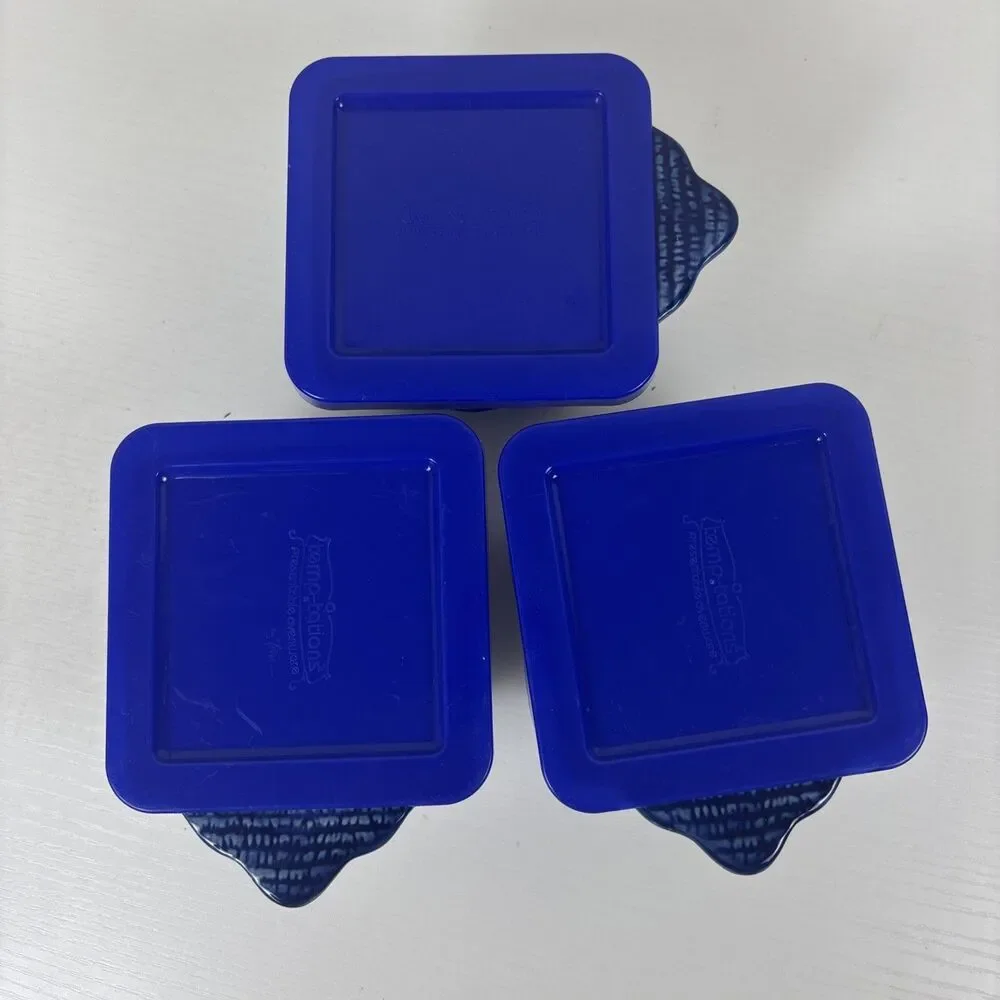 Temptations Ramekin Old World Blue Baking Dish Lids 3.75